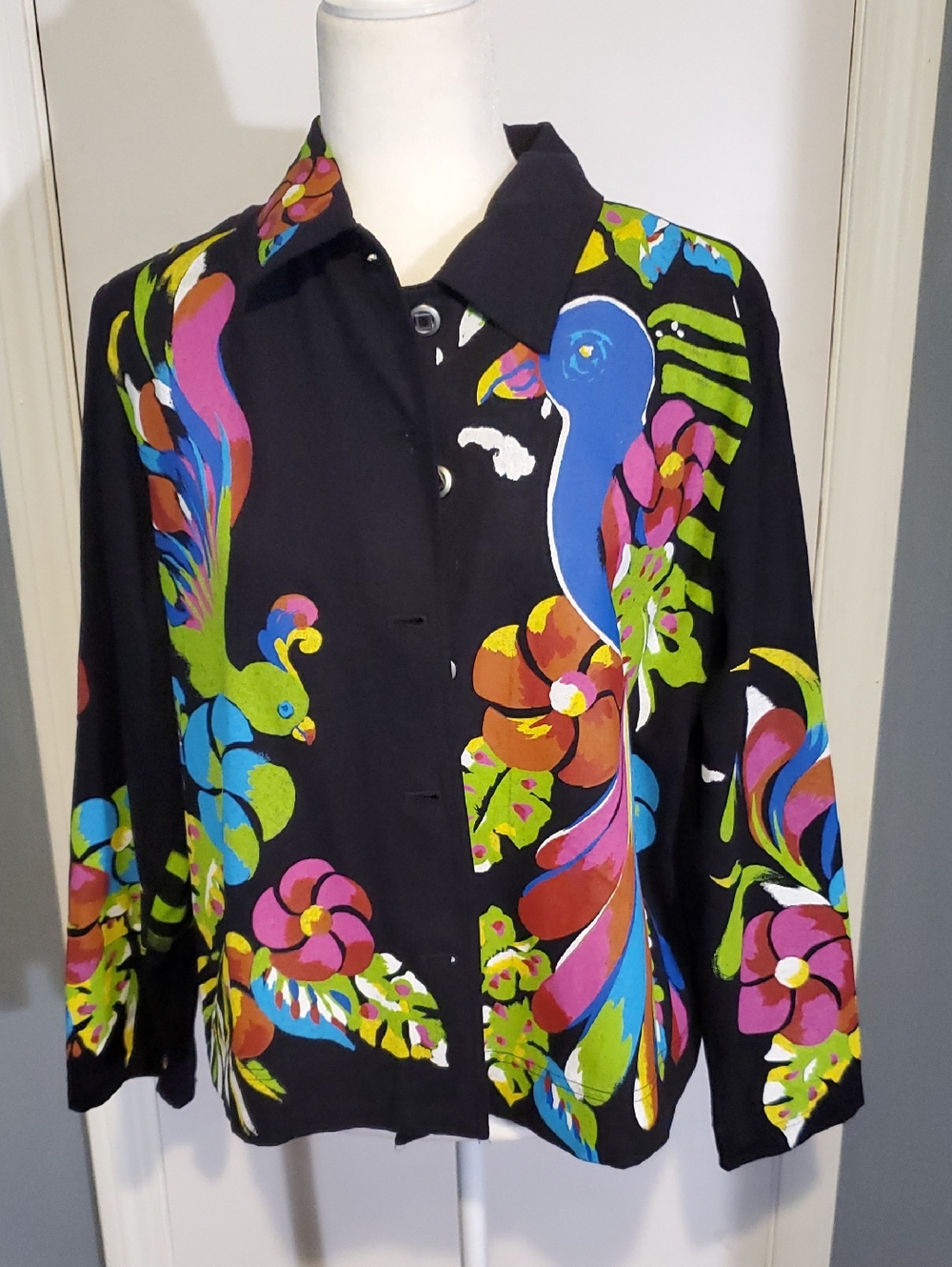 Vividly Colored  Black Button-Down Shirt Jacket  with Bright Floral & Bird Print